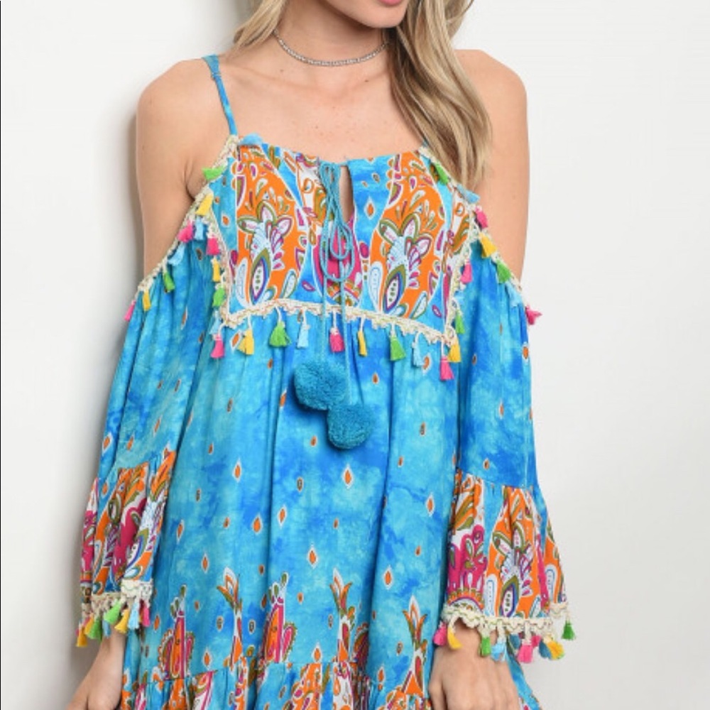 Chase Away The Blues- Boho Cold Shoulder Dress - Picture 4 of 8